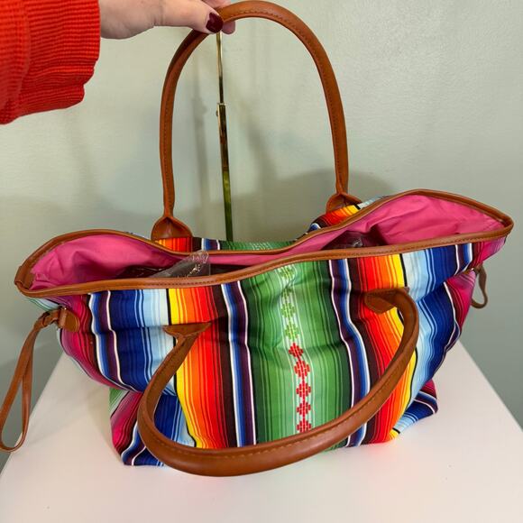 Weekender Tote Bag Rainbow Stripes Canvas Colorful Satchel Travel Makeup Handbag - Picture 5 of 9